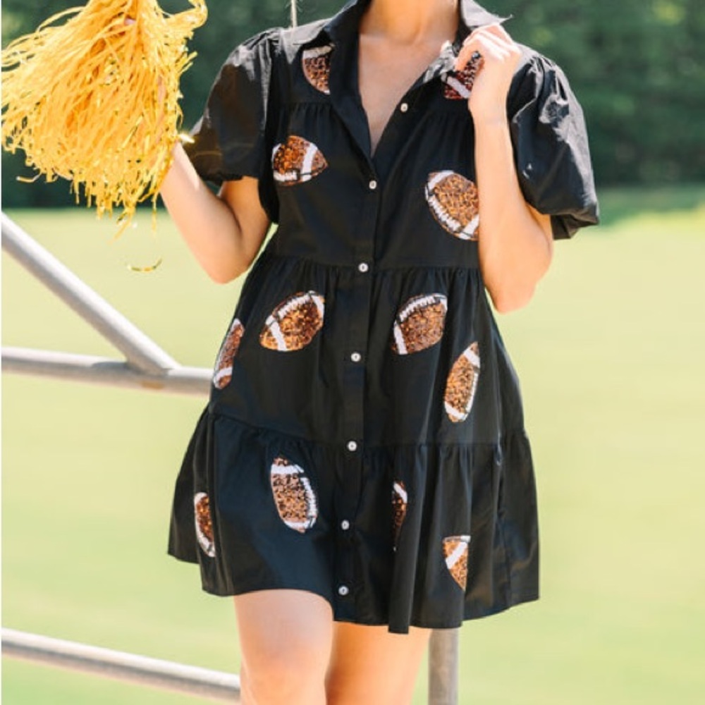 Peach Love California Black Football Print Mini Dress Small Sequins - Picture 2 of 6